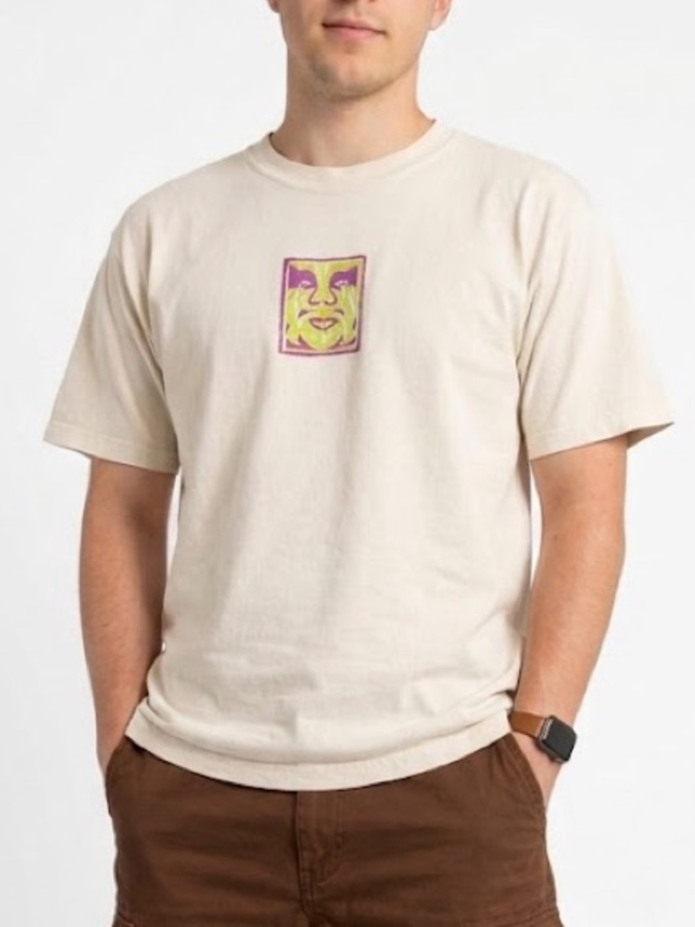 Obey Graphic Tee with Signature Face Logo Short Sleeve Cream Size M